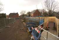 With the A673 road bridge to the north being demolished, engineers have been preparing Rawlinson Lane bridge in Adlington for demolition. On 14 February 2015 the main carriageway was closed and fenced off. A temporary footbridge has appeared on the right for use when the work starts in anger. [See image 25825]<br><br>[John McIntyre 14/02/2015]