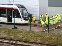 <I>'Errr.. excuse me chief, there's a tram coming..!'</I> A Lothian and Borders Fire Brigade training exercise taking place alongside Gogar Tram Depot on 18 February 2015.<br><br>[John Furnevel 18/02/2015]