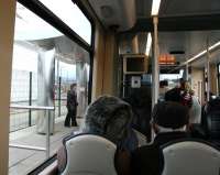 Crew change. An Edinburgh tram calls at the staff mini-platform alongside Gogar depot on 18 February 2015 for a crew change. [See image 43350]<br><br>[John Furnevel 18/02/2015]