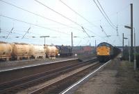 English Electric Type 4s meet at Leyland in April 1980. 40098 is on the Down Slow with a fitted van train while now preserved 40135 is on the Up Fast with ICI Sodium Carbonate tanks from Corkickle heading for Northwich in Cheshire. <br><br>[Mark Bartlett 14/04/1980]