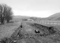 Looking west over the remains of Inches Station, South Lanarkshire, in 1989. The station closed along with the line between Muirkirk and Ponfeigh in 1964. [See image 9066] [Ref query 8062]<br><br>[Bill Roberton //1989]