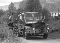 Haulier and steam enthusiast Sandy Steele of Cairneyhill, Fife, arrives at  Aviemore shed in 1976 with NCB 60 (Hunslet 3686 of 1948) from Dawdon Colliery, Co Durham.  The loco has a cut-down cab from its time on the Lambton system.<br><br>[Bill Roberton //1976]