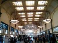The impressive art deco lights in the foyer of Cardiff Central on 6 March 2015.<br><br>[John Thorn 06/03/2015]