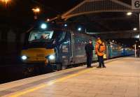 A returning DRS special charter (1Z54) from Wembley Central to Glasgow Central calls at Preston on the evening of 5 March 2015. 68003 was the lead locomotive on this trip, with 68002 on the rear.<br><br>[John McIntyre 05/03/2015]