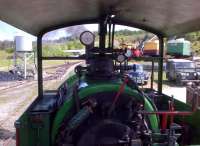 A driver's eye view from <I>Sir Tom</I> at Threlkeld in May 2014 [see image 47908]. The Morris Minor and Land Rover on the right add to the period atmosphere.<br><br>[Ken Strachan 18/05/2014]