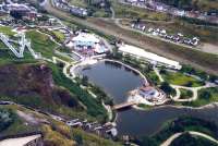 A July 1992 aerial view during the Garden Festival of Wales showing the then freight only line at Ebbw Vale. The line was reopened to passenger traffic in 2008.  The railway currently terminates just off the top of the picture at Ebbw Vale Parkway. An extension of the line to a new Ebbw Vale Town station is under construction (March 2015).<br><br>[Colin McDonald /07/1992]