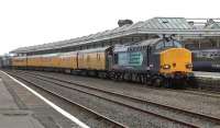 DRS 37259 at the head of the Network Rail inspection train pausing at Kilmarnock on its way from Carlisle to Mossend on 9 March 2015. Sister locomotive 37610 is on the rear of the train.<br><br>[Ken Browne 09/03/2015]