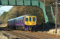 319366 still in FCC livery is now being used by Northern for driver training between Preston and Carnforth. The 5th return trip of 10 March 2015 running as 5Z36 is seen heading back to Preston approaching Brock.<br><br>[John McIntyre 10/03/2015]
