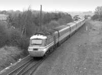 A southbound InterCity 125 HST approaching Penshaw, County Durham, on 18 March 1989, having been diverted from the ECML because of electrification work.<br><br>[Bill Roberton 18/03/1989]