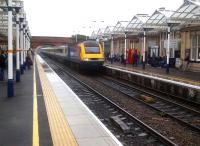 <h4><a href='/locations/L/Loughborough_Midland'>Loughborough Midland</a></h4><p><small><a href='/companies/M/Midland_Counties_Railway'>Midland Counties Railway</a></small></p><p>An East Midlands HST hustles north through a wet Loughborough station on 27 April 2012. 15/29</p><p>27/04/2012<br><small><a href='/contributors/Ken_Strachan'>Ken Strachan</a></small></p>