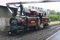 Double Fairlie <I>Merddin Emrys</I> about to take on water under a slate grey sky at Blaenau Ffestiniog in July 1993.<br><br>[Colin McDonald /07/1993]