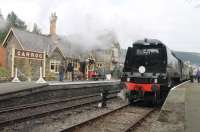 The 2015 <I>Steam, Steel and Stars Gala</I> brought a number of visiting locomotives to the Llangollen line. One of these was Bulleid West Country 4-6-2 34092, newly overhauled on the Worth Valley Railway and running as plain <I>Wells</I> ahead of its formal re-dedication as the better known <I>City of Wells</I>. The gleaming Pacific is seen at Carrog on 15 March after a run down the new line to Corwen.<br><br>[Mark Bartlett 15/03/2015]