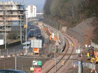 Progress on the new platform at Galashiels. View north on 18 March 2015.<br><br>[John Furnevel 18/03/2015]