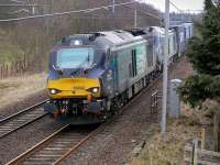 DRS 68002+68004 at Fiddlers Gill, south of Braidwood, on 19 March with a lengthy Daventry - Mossend container train.<br><br>[Bill Roberton 19/03/2015]