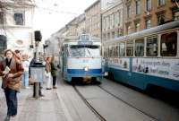 Trams in Gothenburg in March 1990. Some of these trams appear still to be in service in 2015, but with twin headlights to supplement the central one.<br><br>[Colin Miller /03/1990]