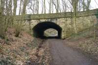 Looking north on 18 March 2015 along the trackbed of the former Bishop Auckland to Spennymoor and Ferryhill line under a bridge that leads to Auckland Castle some distance away to the left. The location is north of the former Coundon station and the footpath is known as the Auckland Way.<br><br>[John McIntyre 18/03/2015]