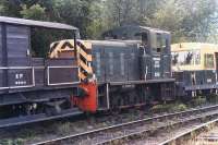 Drewry designed class 03 0-6-0 diesel shunter D2162 stabled in the sidings alongside Llangollen engine shed in August 1997. The cabside carries the legend <I>Birkenhead South 1879 - 1985</I>. The loco is owned by Wirral Borough Council, and is on long term loan to the Llangollen Railway<br><br>[David Pesterfield 06/08/1997]