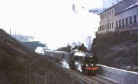 A2 60527 <I>Sun Chariot</I> storms up Cowlairs Incline shortly after leaving Glasgow Queen Street on 28 March 1964 with <I>Scottish Rambler No 3</I>. The Pacific took the special as far as Dundee.<br><br>[John Robin 28/03/1964]