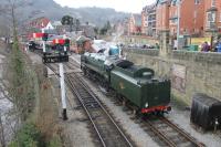 9F <I>'Spaceship'</I> 92214 displays its huge size to good effect as it backs down to the shunting neck at Llangollen after bringing in a train from Carrog during the Steel, Steam and Stars Gala 2015. <br><br>[Mark Bartlett 15/03/2015]