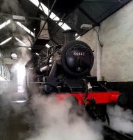 Ivatt 2-6-0 46447 is clearly taking to its latest role as Shed Humidifier at Cranmore on 5 April. It also sounded rather good on the 1 in 56 up from Mendip Vale halt. [See image 49210]<br><br>[Ken Strachan 05/04/2015]