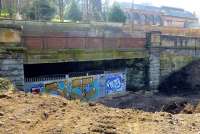 Recent clearance of the cutting allows a view of the mouth of the tunnel that carried the line from Partick Central towards Stobcross. View south east on 9 April 2015. <br><br>[Colin Miller 09/04/2015]