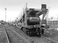 A Renault car train waiting for unloading to be completed in Leith South yard on 9 March 1981.<br><br>[Bill Roberton 09/03/1981]