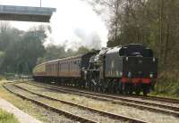 A North Yorkshire Moors Railway service from Pickering approaching its destination at Whitby on 13 April 2015, with Black 5 45407 running tender first.<br><br>[John McIntyre 13/04/2015]