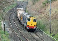 <I>Long may they continue</I>. Two veteran English Electric Type 1s power north through the reverse curves at Forton with the DRS Crewe to Sellafield train on 17th April 2015. 20308 was in tandem with 20305 hauling a train of five flasks for reprocessing.<br><br>[Mark Bartlett 17/04/2015]