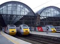 Virgin East Coast HST line-up at Kings Cross on 13 April 2015, with 43317; 43312; and an unidentified classmate awaiting their next turns. <br><br>[Andrew Wilson 13/04/2015]