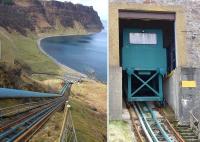 Opened by the North of Scotland Hydro Electric Board in 1952.  A feature of Storr Lochs Power Station is the standard gauge cable-worked railway giving access to the plant on the shore.  Maximum gradient is 1 in 2!  Doesn't look like the line has been used recently.  Currently operated by Scottish and Southern Energy,  there is a public viewpoint. The two photographs taken on 15 April 2015 show the view from the top, with the car inside the shed alongside.<br><br>[Bill Roberton 15/04/2015]