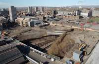 The approach to Queen Street viewed from the roof of the Glasgow College of Building and Printing (now the Glasgow Metropolitan College) in 1996. The area around the station had been cleared for the Buchanan Galleries development. The bridge in the middle of the view was removed.<br><br>[Ewan Crawford //1996]