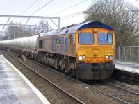 GBRf 66736 enters Coatbridge Central with the 6S45 North Blyth - Fort William Alcan train. 17 March 2015.<br><br>[Bill Roberton 17/03/2015]