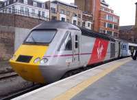 Virgin East Coast 43257 has just arrived at Kings Cross on the rear of the up <I>Highland Chieftain</I> from Inverness, on time at 15.51 after a 7 hour 56 minute journey.<br><br>[Andrew Wilson 13/04/2015]