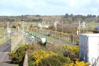 View north over the fuel discharge siding alongside Prestwick Airport station on 16 April 2015.<br><br>[Colin Miller 16/04/2015]