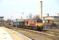 Three different class 67 liveries in the sidings at Didcot on 15 April 2015. From left to right are 67003, 67006 and 67025.<br><br>[Peter Todd 15/04/2015]