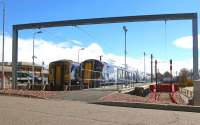 Those who from their labours rest... east fan of stock in Ayr's Townhead sidings, looking south on 26 April 2015. There is also a west fan of four sidings. Photographed through the security fence. [See image 51123]<br><br>[Colin Miller 26/04/2015]