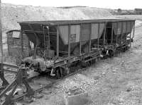 A pair of HKV hoppers standing in the sidings alongside the Oakbank Oil Works 'Contentibus' shale bing near Midcalder Junction, in June 1984. [See image 51104]<br><br>[Bill Roberton 23/06/1984]