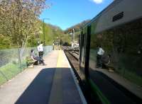 <I>Nice day for it..</I> The driver and guard of a 170 heading for Birmingham on 18 April await the emergence of a Hereford service from the tunnel mouth just visible in the background. [see image 26388] for an earlier era. [Ref query 6946]<br><br>[Ken Strachan 18/04/2015]