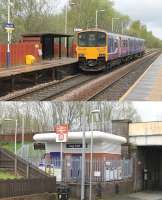 At track level Hag Fold is just one of a number of unremarkable stations built in Greater Manchester during the 1980s and 1990s. However, the road level ticket office, which apparently doesn't open on a Saturday, is quite a quirky modern design. 150144 calls on a service heading for Southport in this view looking towards Daisy Hill and Wigan. <br><br>[Mark Bartlett 25/04/2015]