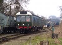 Time for bed - the DMU heads for the shed at Cranmore after the last service of the day on 5 April 2015.<br><br>[Ken Strachan 05/04/2015]