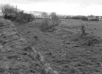 A spring 1982 view north over the trackbed of the Niddrie & Benhar Coal Company (later NCB) branch from Niddrie to Woolmet Colliery, closed in 1966.  Most of the sleepers seem to have been left in place.<br><br>[Bill Roberton 09/04/1982]