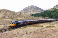 Spotless GBRf liveried 66735 on the approach to Glenfinnan with the return working of the <I>Royal Scotsman</I> from Mallaig on 2 May 2015. Deltic (55022) 55003 <I>Meld</I> is at the other end of the train.<br><br>[John Gray 02/05/2015]