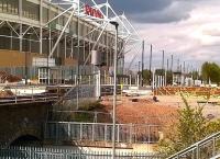 View north towards Nuneaton on 1 May 2015 over the well-advanced construction of Coventry Arena station. Completion is scheduled for June 2015.<br><br>[Ken Strachan 01/05/2015]