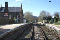 Looking through North Llanrwst station towards Llandudno Junction from the barrow crossing on 14th April 2015.<br><br>[Colin McDonald 14/04/2015]