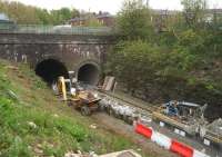 A close up of the north portals of the Farnworth Tunnels on 10 May 2015. At this stage the track has been removed from the left hand tunnel. [See image 51272]<br><br>[John McIntyre 10/05/2015]