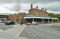 The surviving main station building at Blackburn, fronting on to The Boulevard. The forecourt canopy and the building itself are in very good condition. To the left the much newer platform canopy can be seen, a replacement for the huge train shed that was demolished some years ago. <br><br>[Mark Bartlett 19/05/2015]