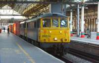 Freightliner veterans 86628+86612 pass through Preston station on 20 May 2015 while working the 4M74 Coatbridge to Crewe Basford Hall container service.<br><br>[John McIntyre 20/05/2015]