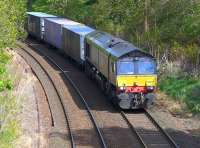 DBS 66423 passes the site of Blackford Hill signalbox on 17 May 2015 with a Coatbridge - Daventry (via Millerhill) intermodal service.<br><br>[Bill Roberton 17/05/2015]