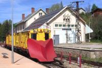 With the likelihood of further snow remote, two 1909 built Bo-Bo locomotives of the Ligne de Cerdagne return to Villefranche from snow clearing duties on the section of the line high up within the Pyrenean ski areas. <br><br>[Malcolm Chattwood 12/05/2015]