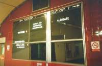 Although dot-matrix indicators were well established on the platforms at King's Cross St Pancras Underground station at the time, this relic of a pre-electronic age survived at the foot of the escalators in July 1994. Platform 1 shows WATFORD 1st, CIRCLE LINE via PADDINGTON 2nd and HAMMERSMITH 3rd, one train for each of the three lines using the platform. Platform 2 shows only an ALDGATE train.<br><br>[David Panton 14/07/1994]